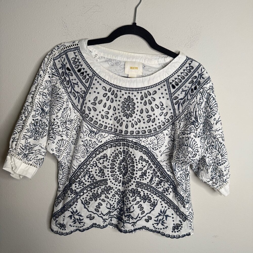 Maeve Anthropologie Ester Eyelet Embroidered Top White Blue XS Extra Small - Picture 2 of 5